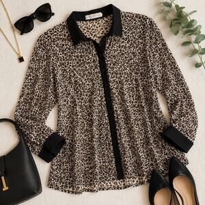 Anne Fontaine Leopard Print Mesh Button Front Blouse Top Sheer Paris Chic Luxe